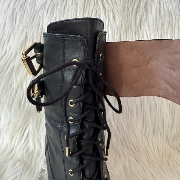 Donald Pliner Danti Combat Boots Leather Lace Up Buckle Zip Block Heeled, Black - Picture 9 of 11